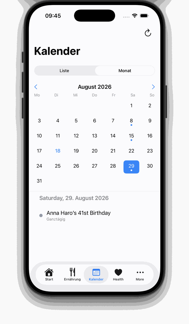 AllInOneApp Kalender-Ansicht im Monatsformat