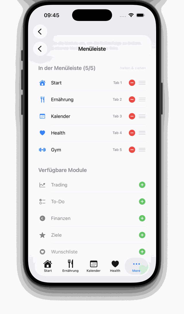 AllInOneApp Menüleiste frei anpassbar per Drag & Drop