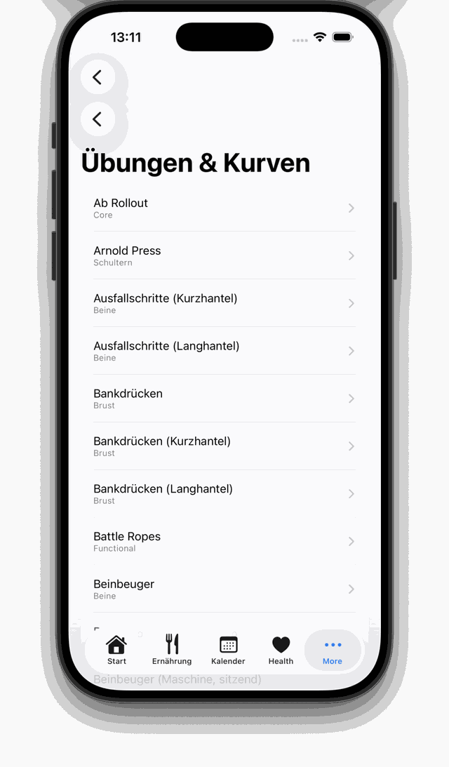 AllInOneApp Übungsbibliothek mit eigenen Übungen