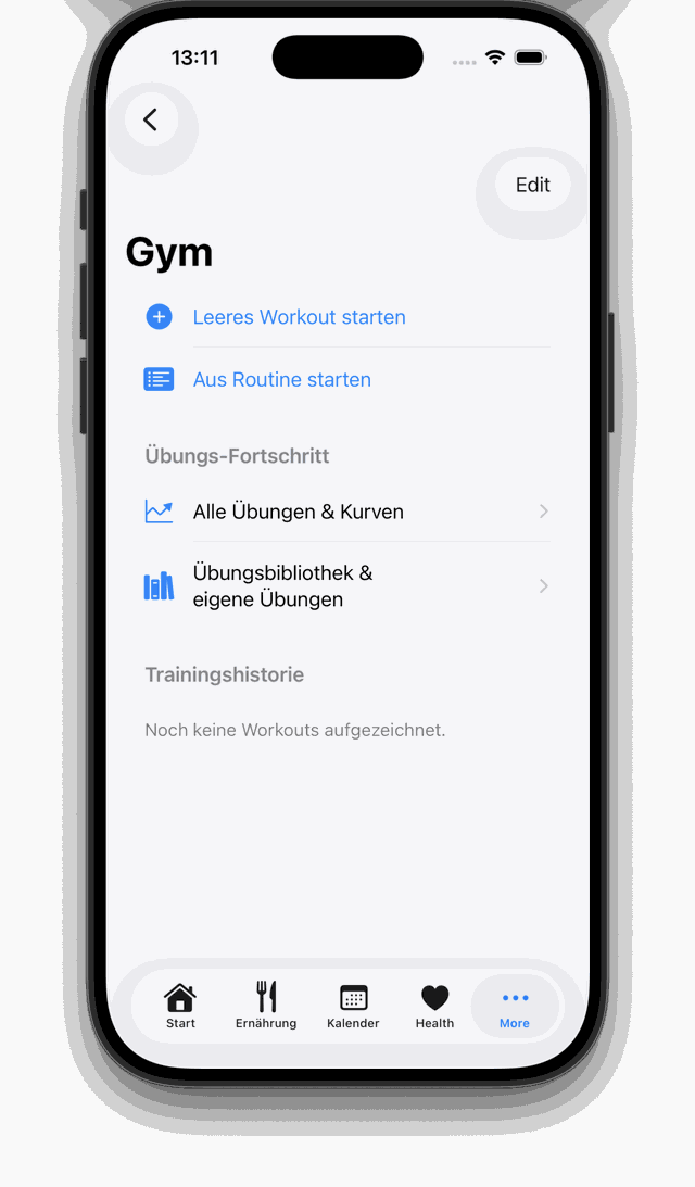 AllInOneApp Gym-Modul mit Workout starten und Trainingshistorie