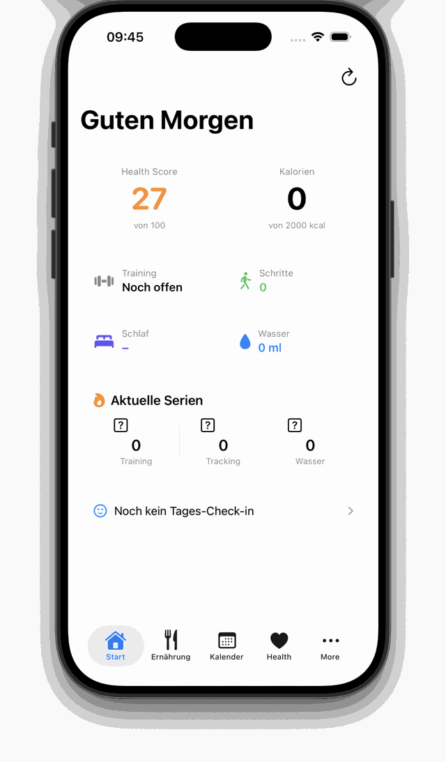 AllInOneApp Startbildschirm mit Health Score, Kalorien und Tages-Überblick