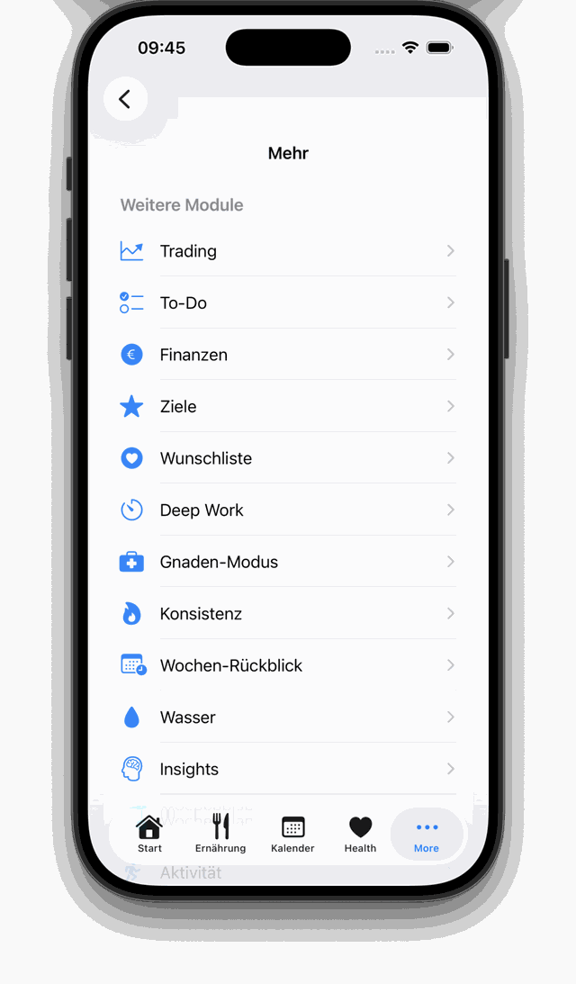 AllInOneApp Modulübersicht mit Trading, To-Do, Finanzen und mehr
