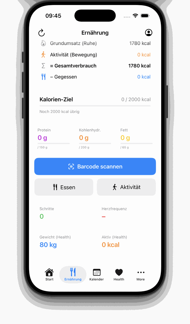AllInOneApp Ernährungs-Tracking mit Barcode-Scanner und Makros