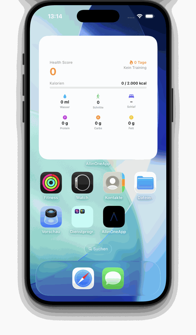 AllInOneApp Homescreen-Widget mit Health Score und Tagesstatistik