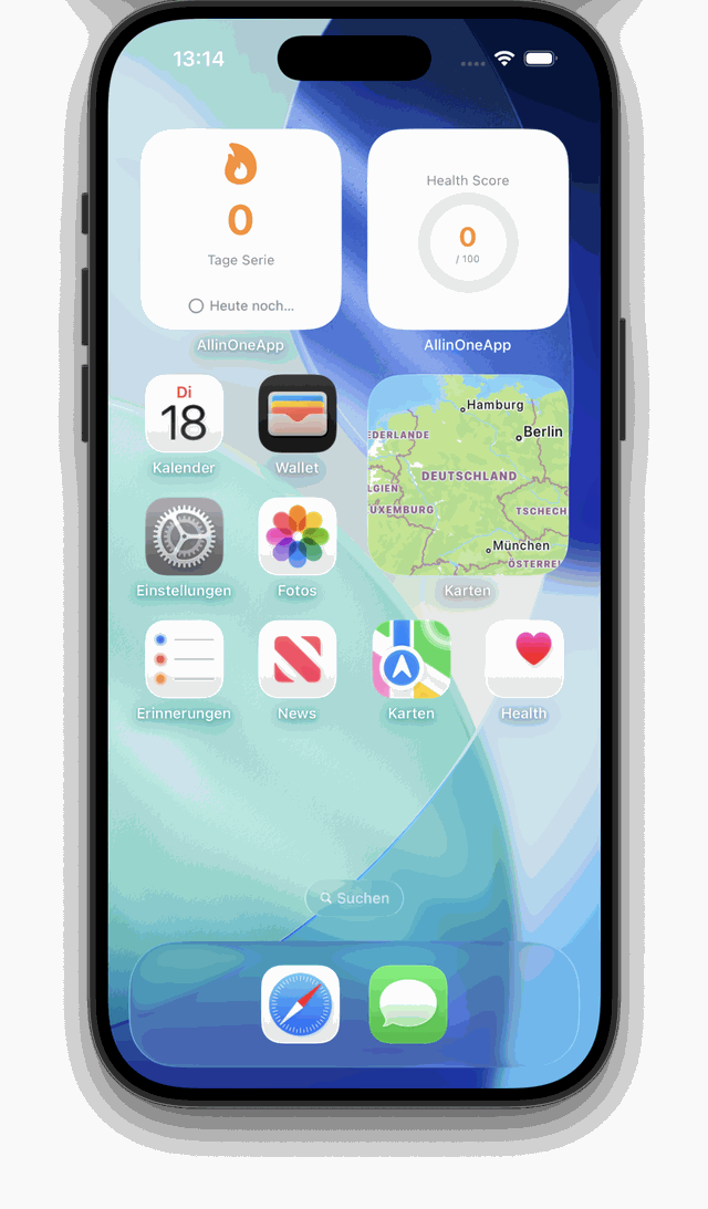 AllInOneApp Homescreen-Widgets für Streak und Health Score